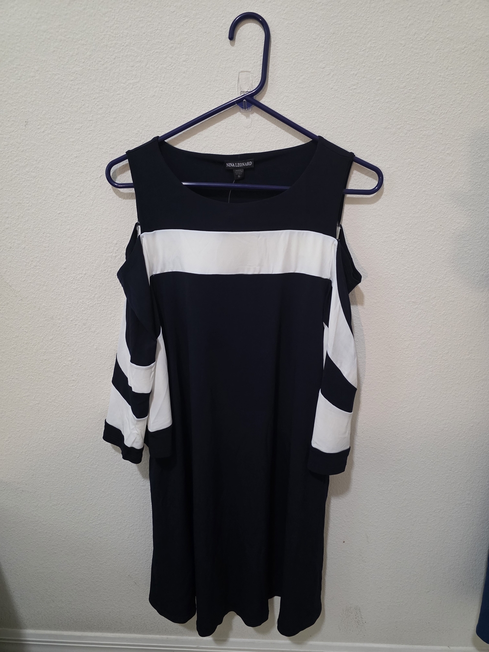 Nina Leonard Navy and White Cold-Shoulder Shift Dress